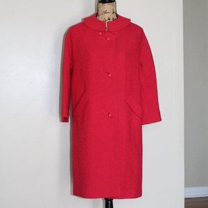 Vtg 50s Stroock Red Wool Button Up Long Coat Lined 3/4 Sleeve Overcoat Women's M